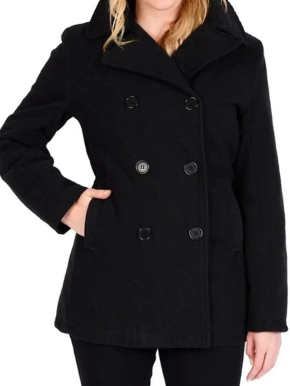 Women's MICHAEL Michael Kors Black Double-Breasted Peacoat Wool Blend XL